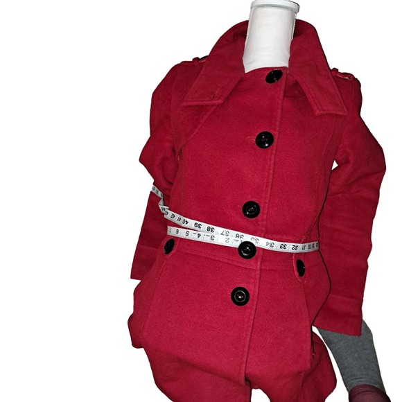 FLIRTY RED Coat Black Fleece Buttons peek-a-boo button up neck Sz SMALL Ladies - Picture 7 of 11